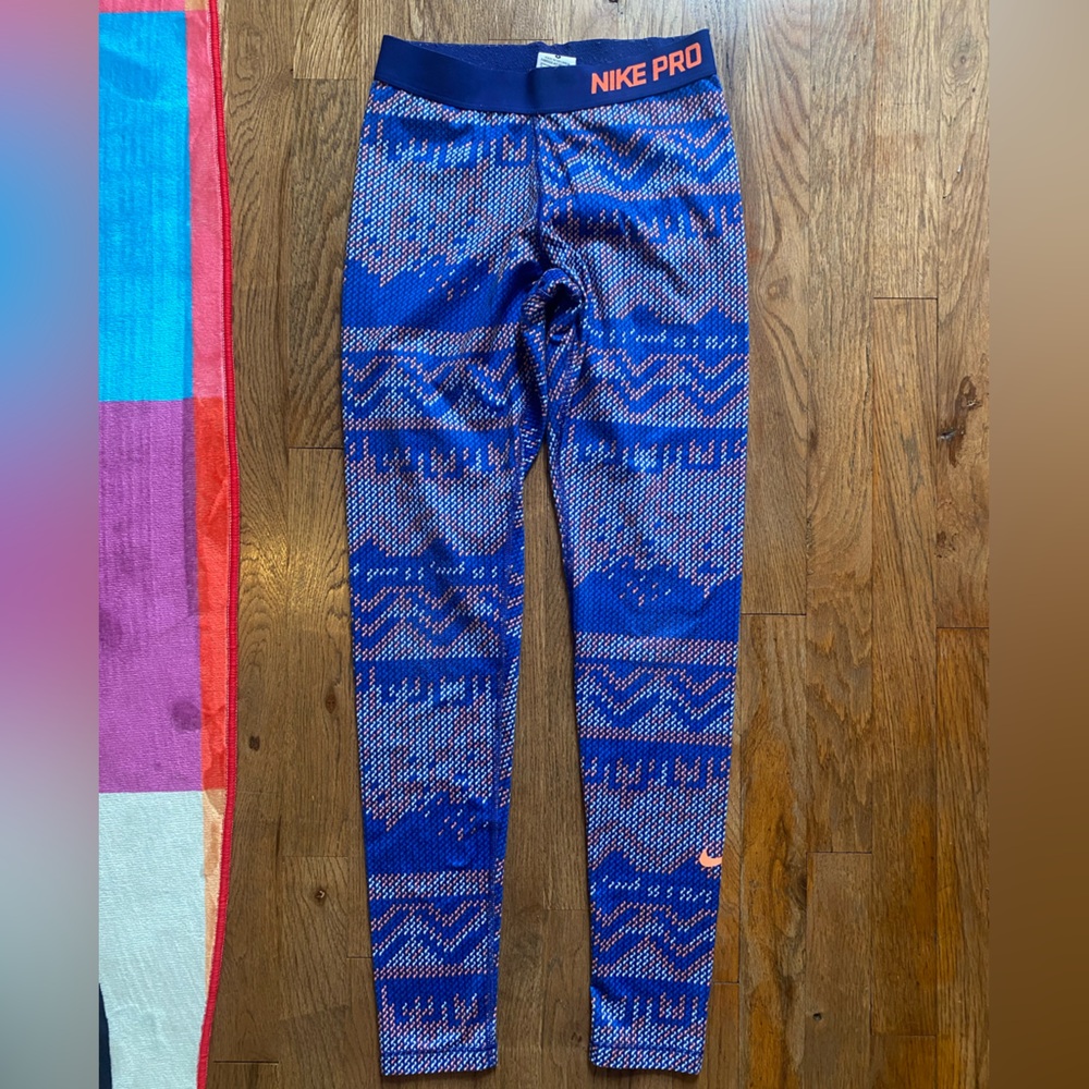 Nike-Pro Leggings Warm Underlayer Yoga Pants Blue Coral Womens Small 26.5 Inseam